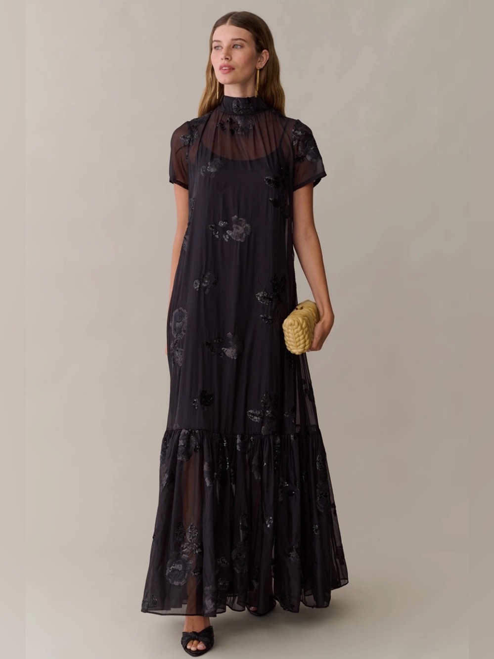 Few Moda Black Floral Sequin Maxi Dress - Elegant Evening Gown